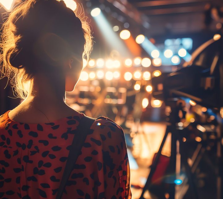 A woman in a red and black spotted shirt stands on the set of a film production.